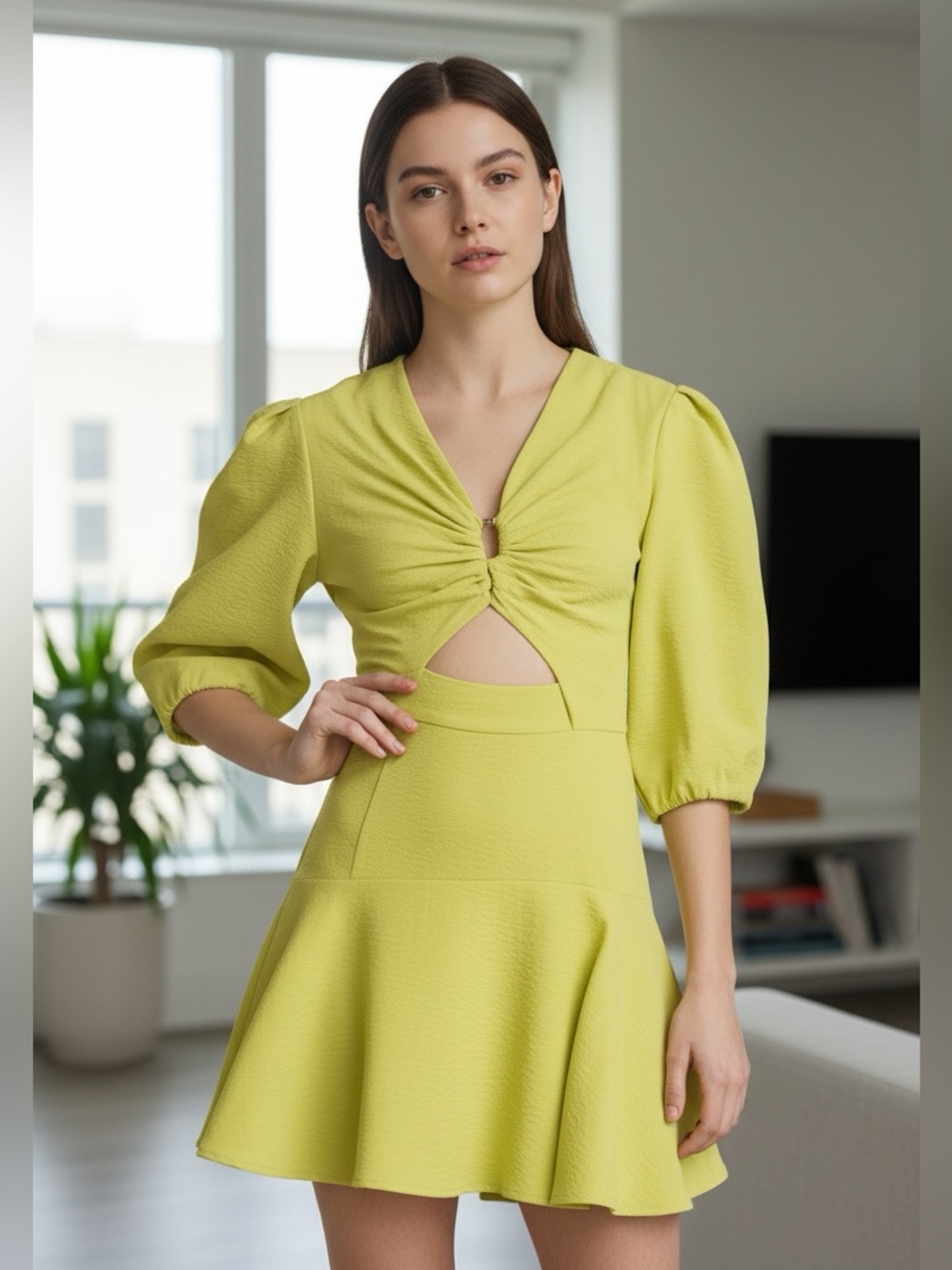 Jonathan Simkhai Lime Cutout A-Line Mini Dress with Puff Sleeves